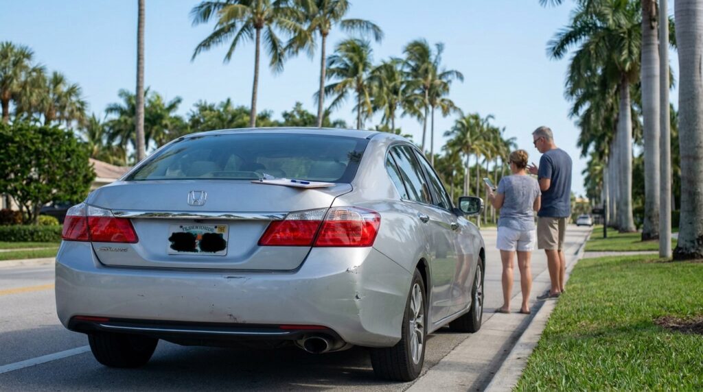 two people exchanging information beside damaged Honda sedan after roadside collision