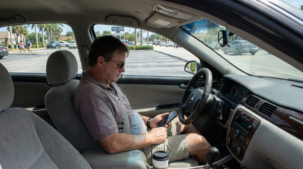 driver seated in parked car looking down at smartphone while wearing seatbelt