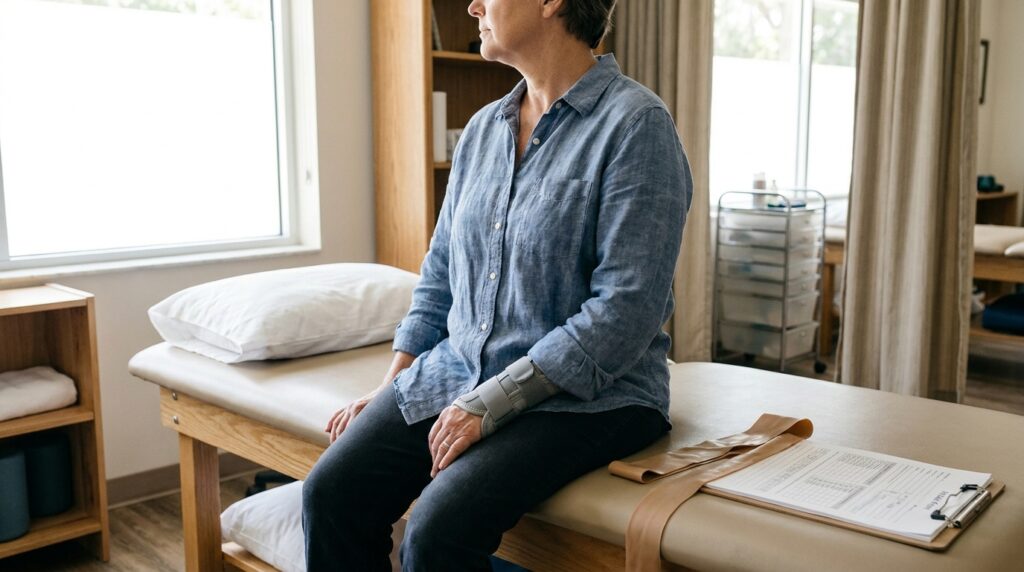 woman wearing wrist brace seated on medical exam table with clipboard nearby