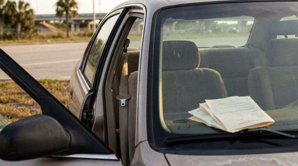open car door with legal documents resting on front passenger seat