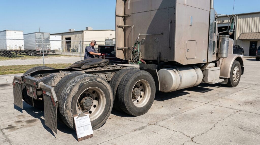 mechanic inspecting semi-truck cab with clipboard resting against rear axle