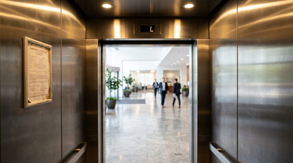 open elevator interior with inspection certificate posted beside doors facing lobby