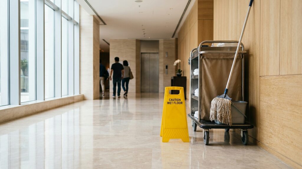 Caution Wet Floor sign beside janitorial cart with mop in building hallway