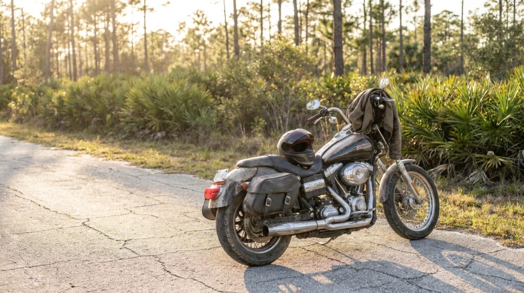 Harley-Davidson motorcycle parked on roadside with helmet and jacket on seat