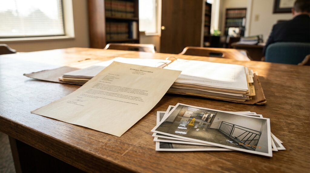 Evidence Preservation letter, case files, and dated incident photos on law office table