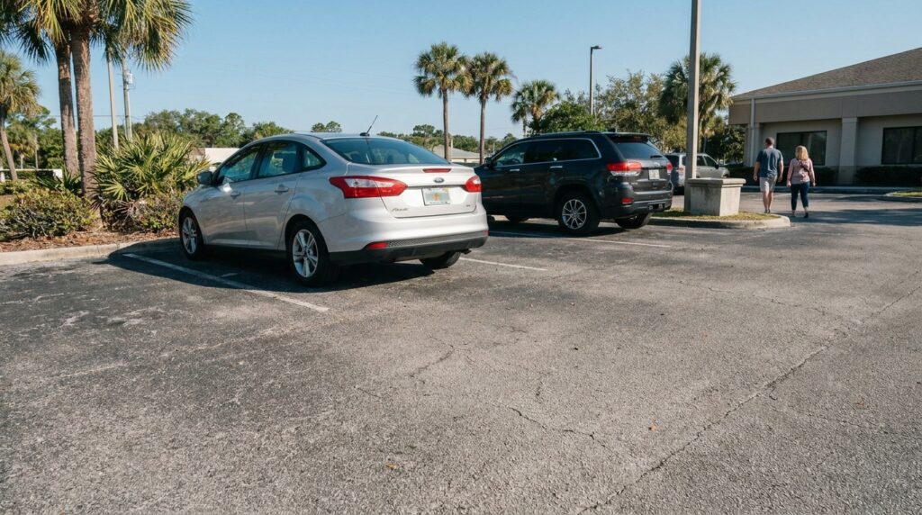 sedan and SUV parked in commercial parking lot near office building