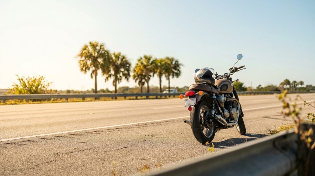 motorcycle with helmet parked on highway shoulder near palm trees