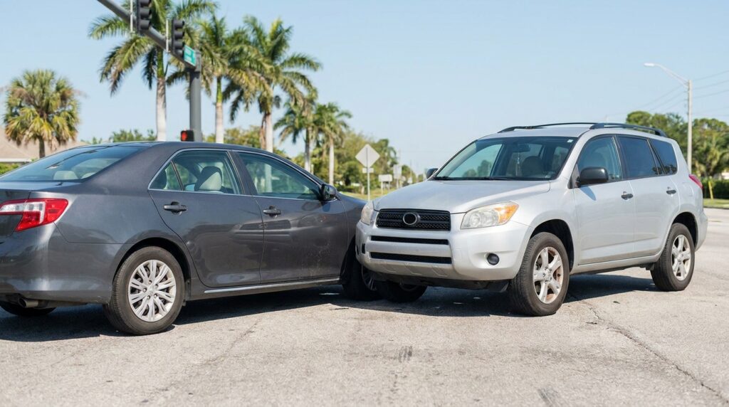 sedan and SUV involved in front-end collision at suburban intersection