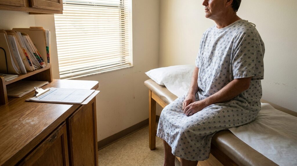 patient in hospital gown seated on medical exam table with clipboard nearby