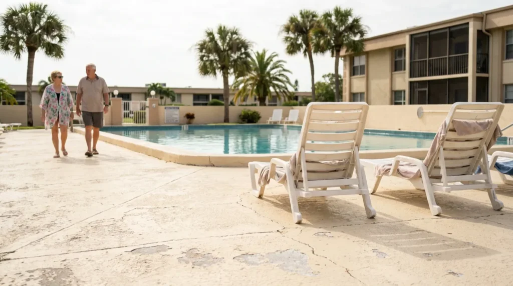 elderly couple walking along cracked pool deck at residential apartment complex