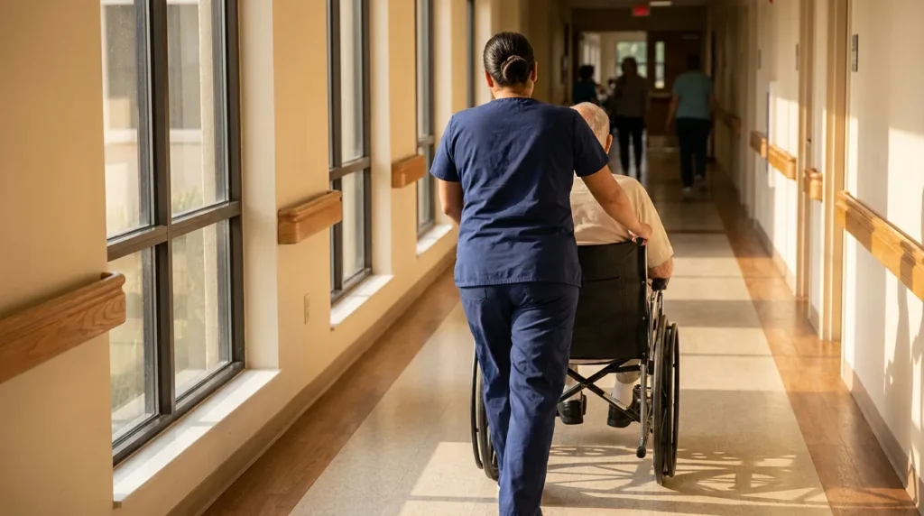nurse in scrubs pushing elderly patient in wheelchair down facility hallway
