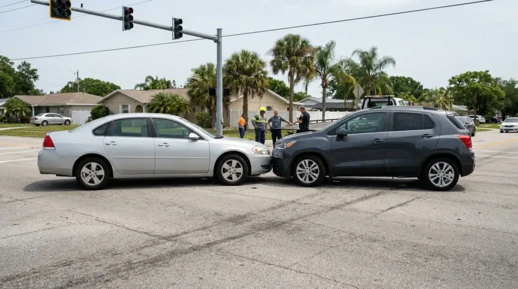 two vehicles collided at intersection with officer and workers responding