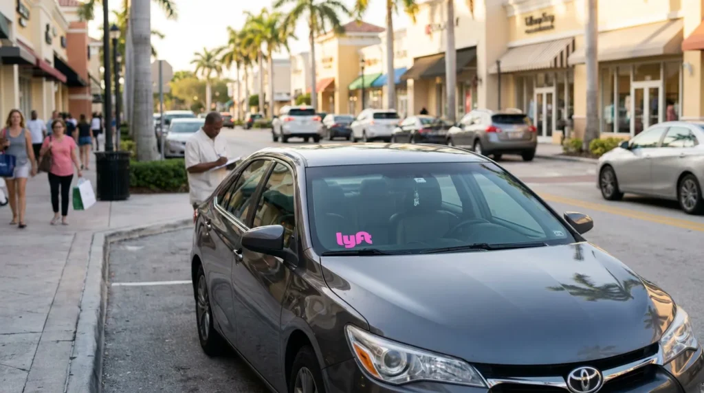 Lyft-branded Toyota sedan parked along busy commercial street with pedestrians nearby