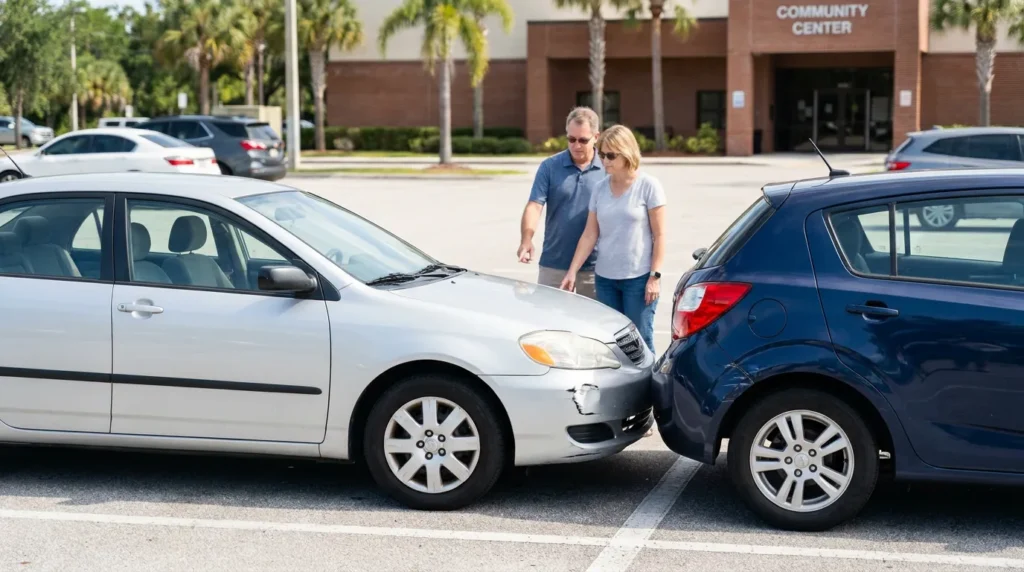 two people inspecting rear-end vehicle collision damage in parking lot