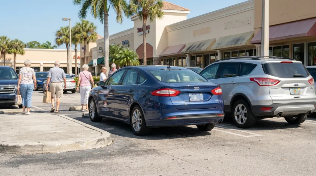 pedestrians walking through busy retail strip mall parking lot near parked vehicles