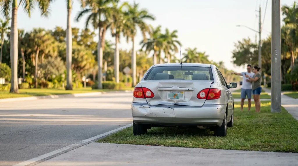 sedan with rear bumper damage pulled onto roadside grass near two bystanders