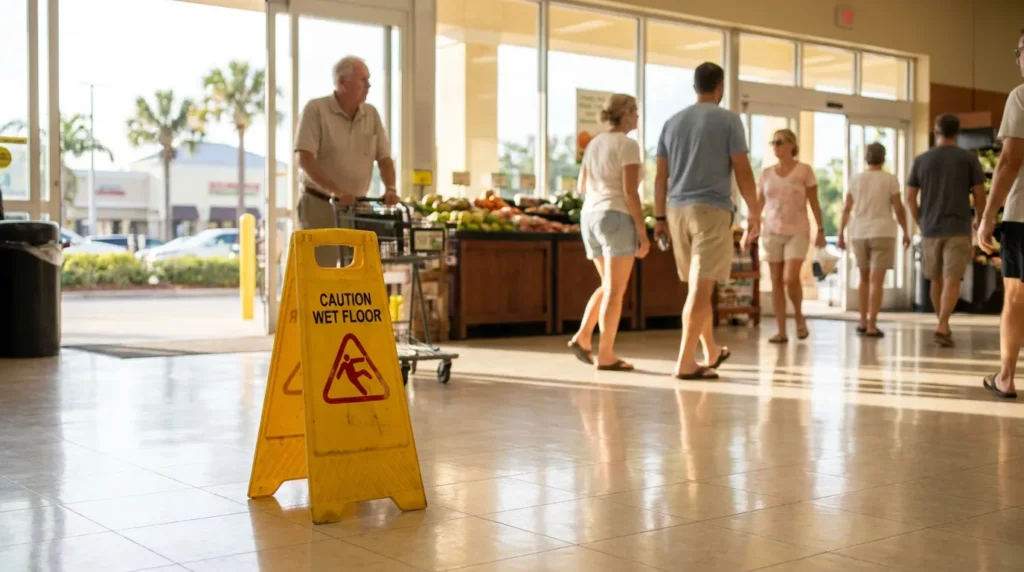 Caution Wet Floor sign on grocery store entrance floor with shoppers nearby