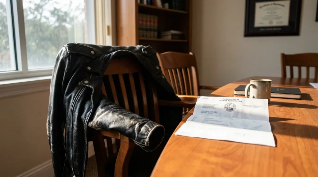 leather motorcycle jacket on chair beside vehicle registration document in law office