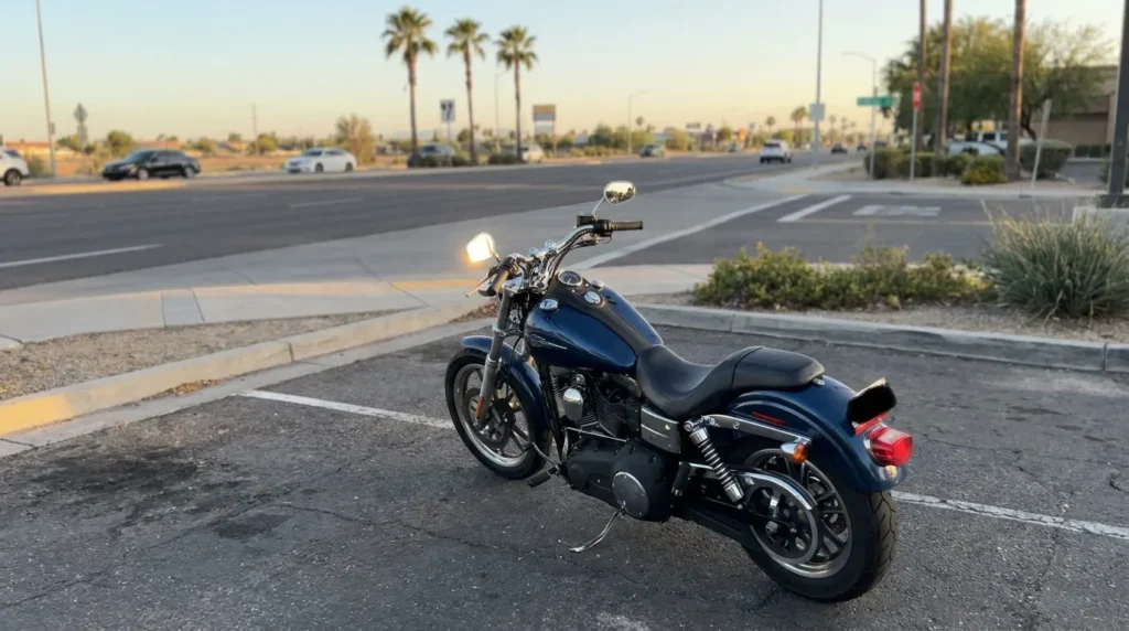 Harley-Davidson cruiser motorcycle parked near multi-lane road with palm trees