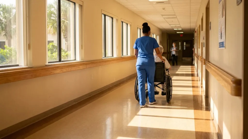 nurse in scrubs pushing elderly patient in wheelchair down facility hallway