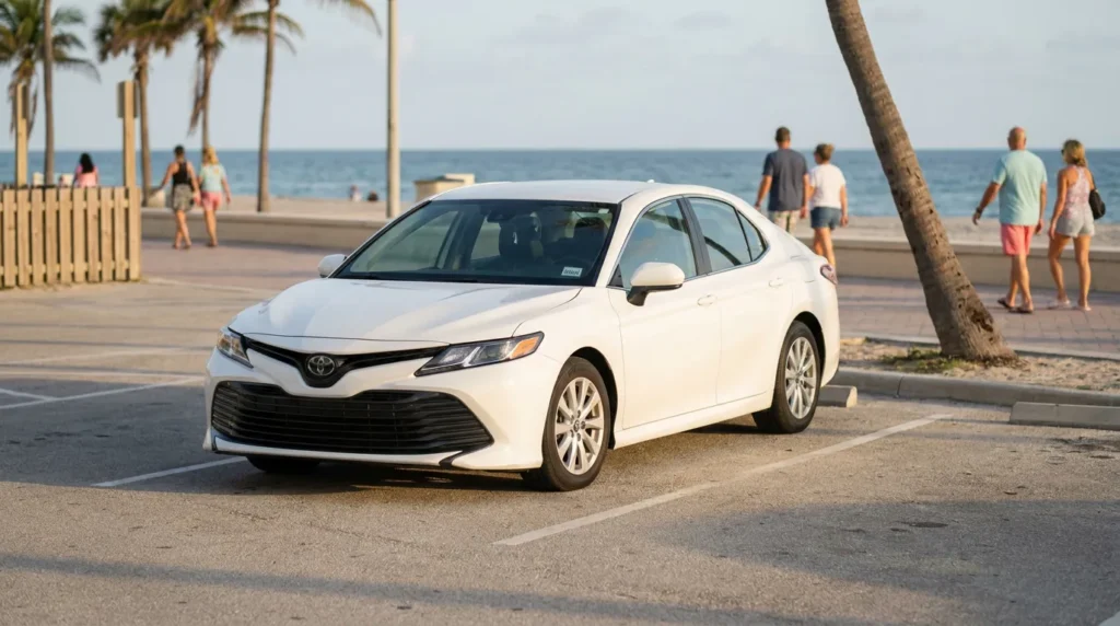 Toyota Camry sedan parked in beachside lot with pedestrians and palm trees