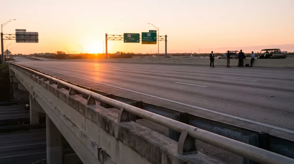 empty highway overpass at sunset with Sawgrass Expressway signs and investigators standing nearby