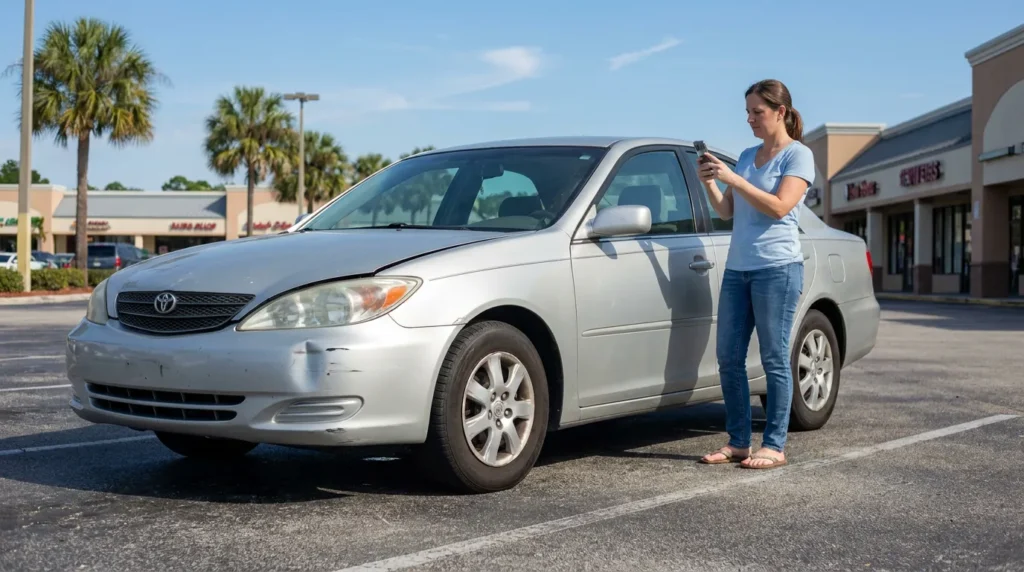 woman photographing damaged Toyota sedan with smartphone in parking lot