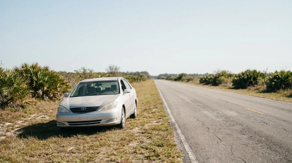 Toyota sedan pulled over on rural road shoulder beside sparse vegetation