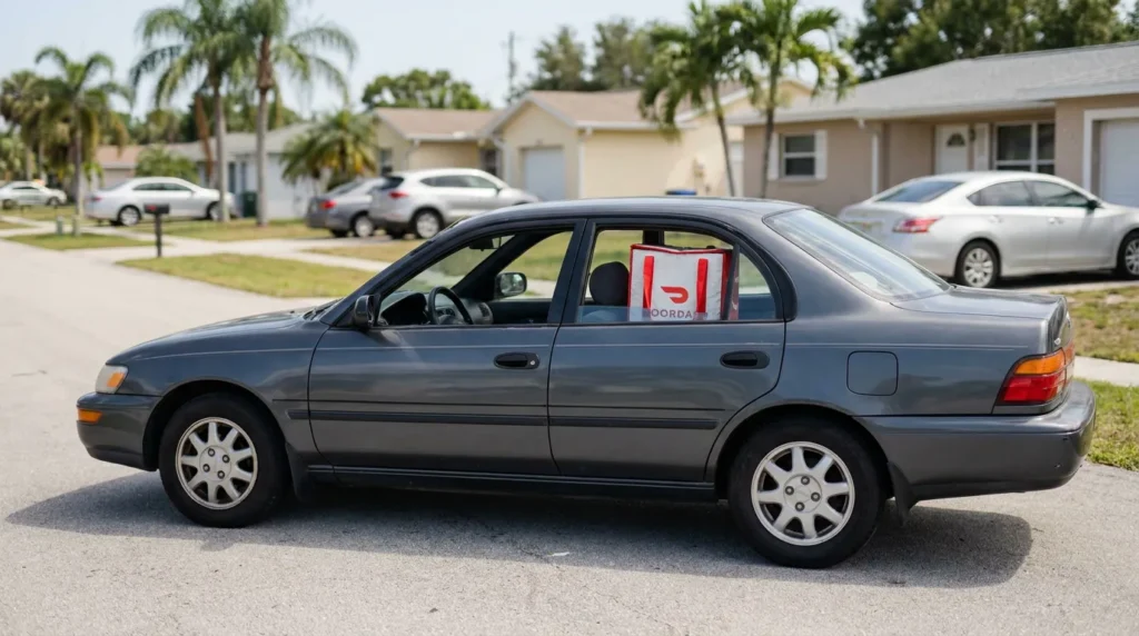 sedan parked in residential neighborhood with DoorDash delivery bag visible inside