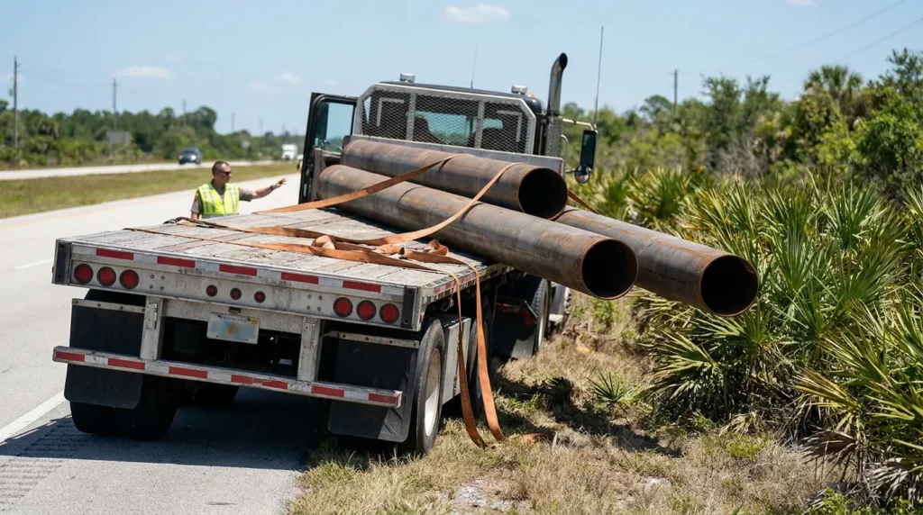 flatbed truck carrying large steel pipes veered off roadway into roadside brush