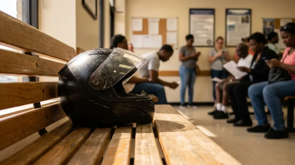 motorcycle helmet resting on wooden bench in crowded public waiting area