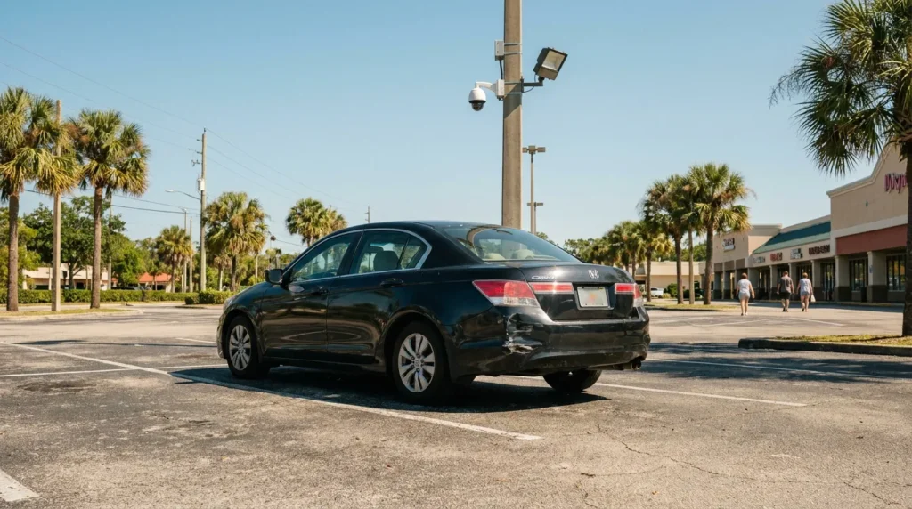 Honda Accord sedan with rear bumper damage parked in shopping center lot