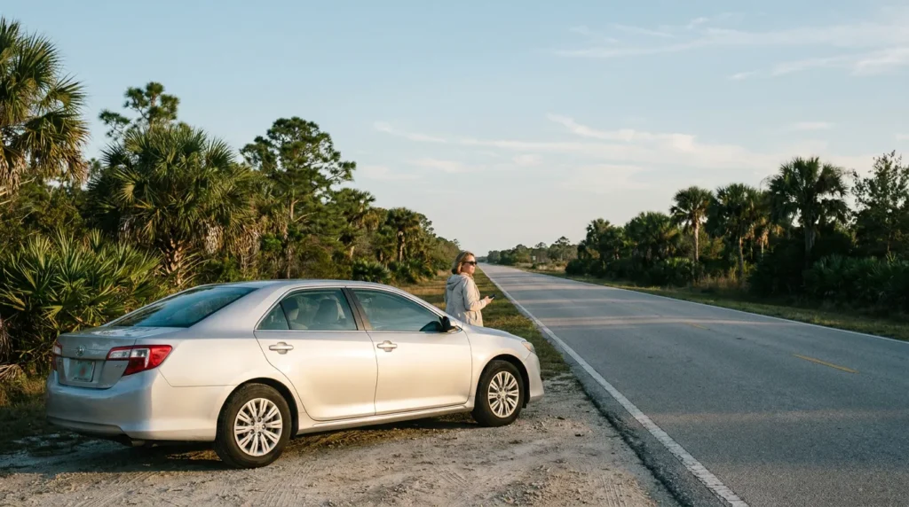 woman standing beside sedan pulled over on rural road holding phone