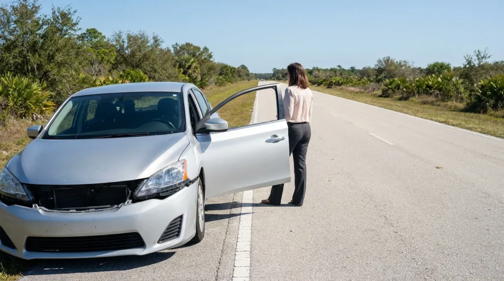 woman standing beside damaged sedan with crumpled front end on rural road