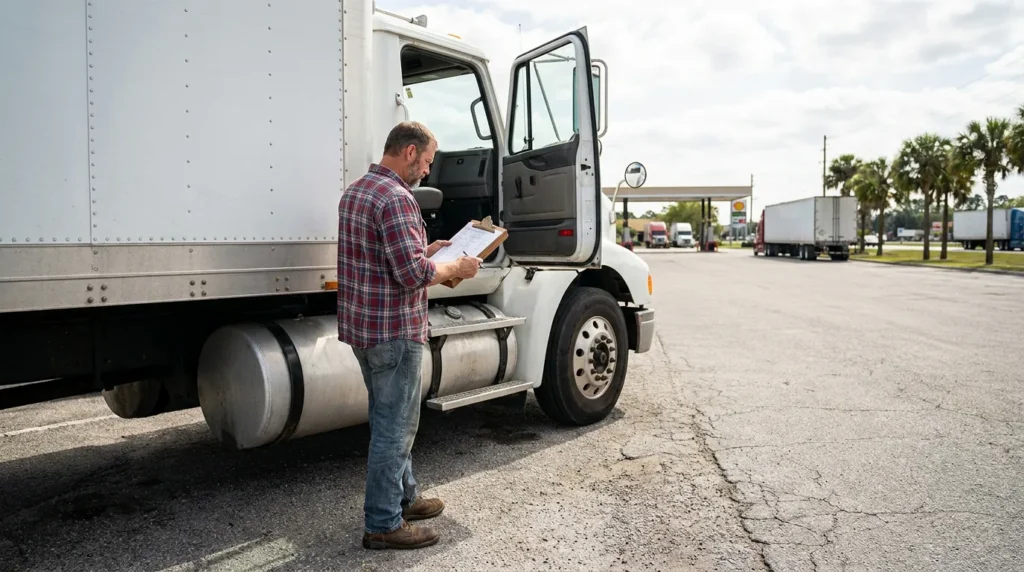 truck driver reviewing clipboard documents beside open commercial truck cab door
