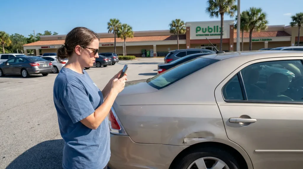 person photographing damaged car bumper with smartphone in Publix parking lot